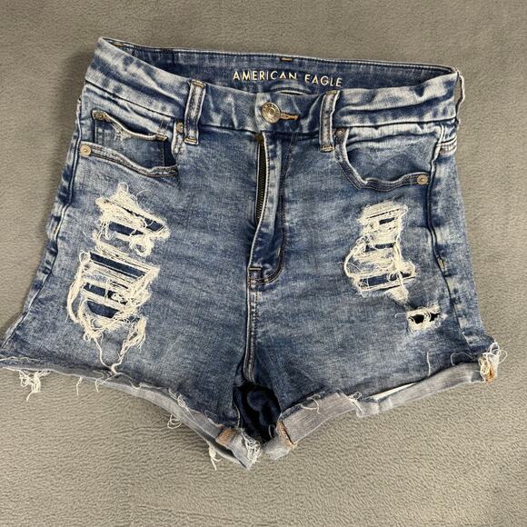 American Eagle Curvy Hi-Rise Shortie Blue Denim Jean Shorts Next Level Stretch 4 - Picture 1 of 10